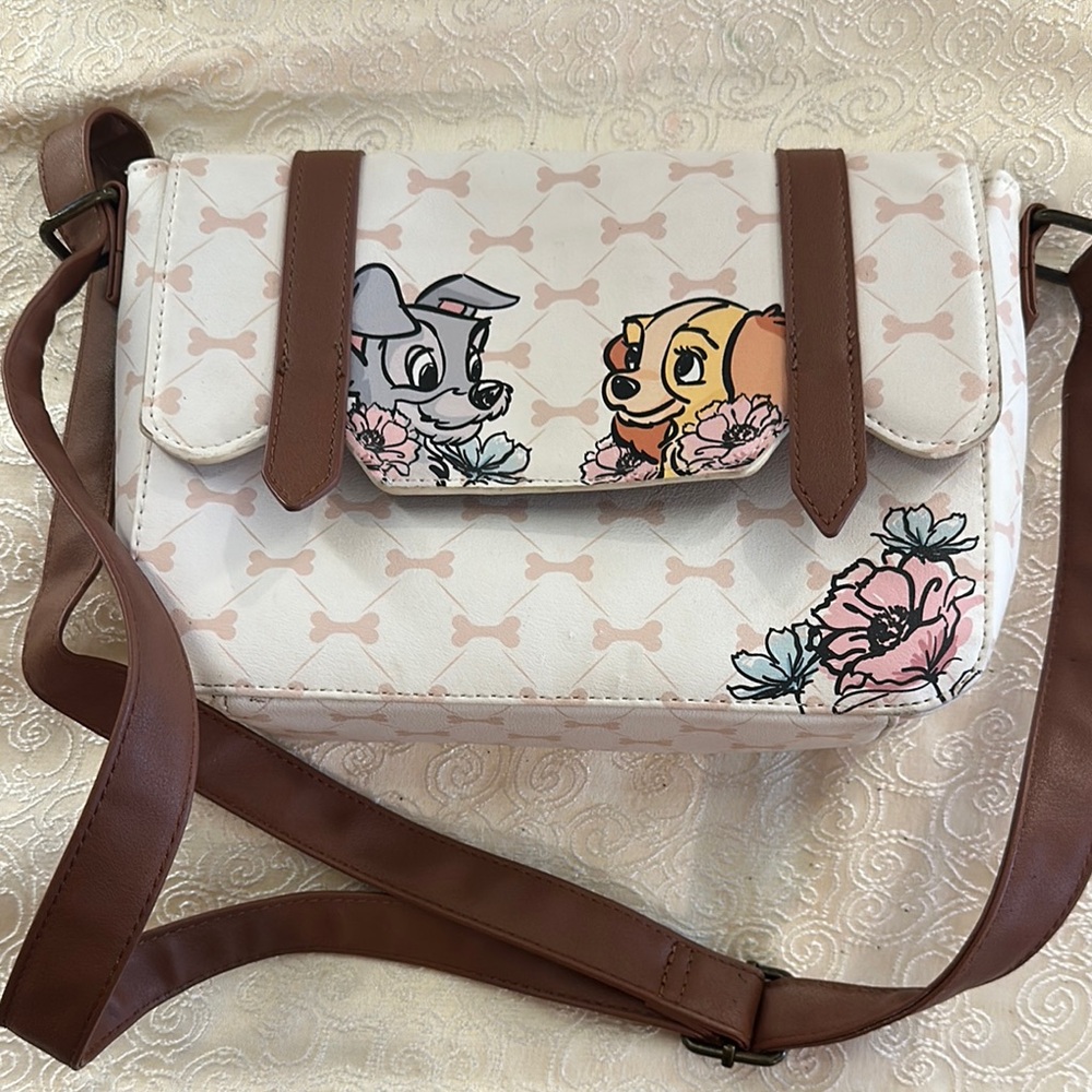 Disney Crossbody Bag White and Brown with lady and  the tramp